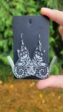 Load image into Gallery viewer, Floral Cat Earrings, Clear Acrylic Folk Art, Laser-Engraved
