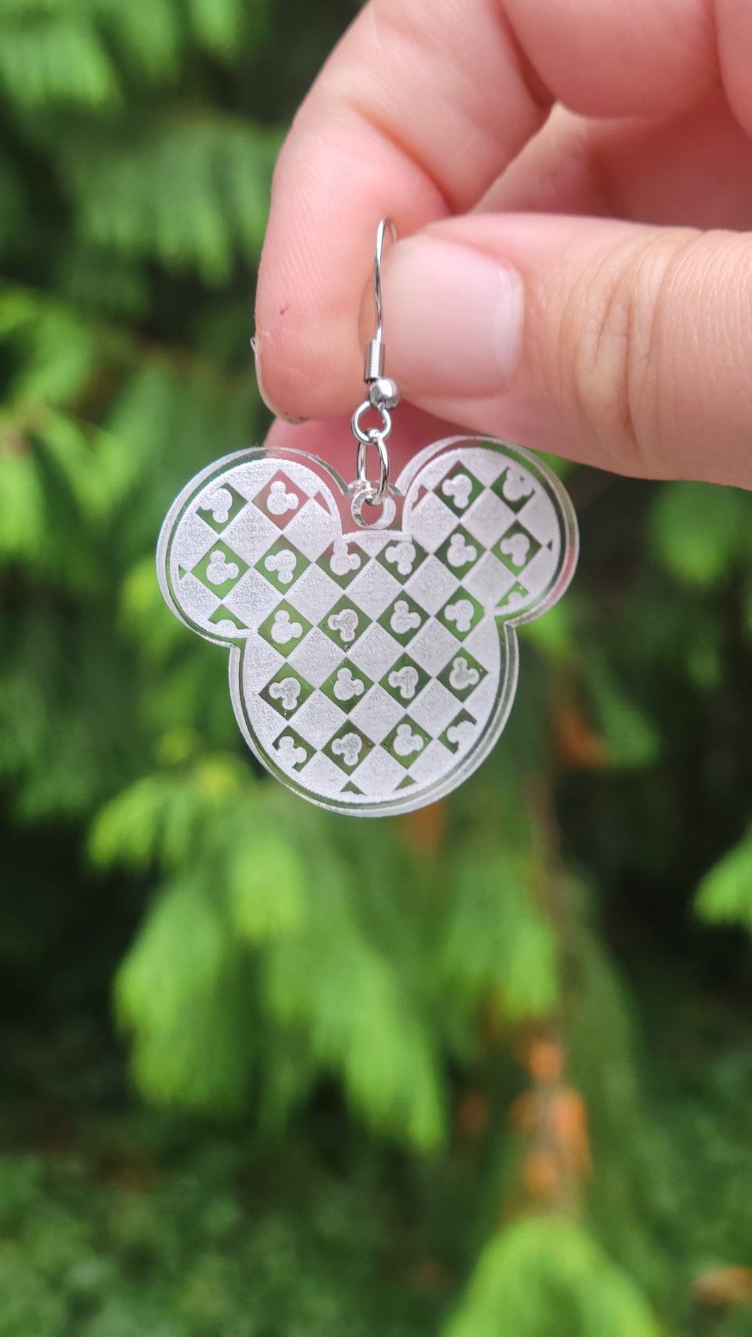 Mouse Head Earrings, Mickey-Shaped Checkerboard Earrings, Clear Acrylic Earrings