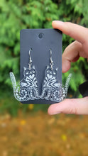 Load image into Gallery viewer, Floral Cat Earrings, Clear Acrylic Folk Art, Laser-Engraved
